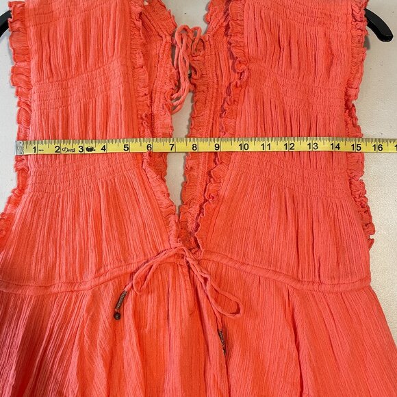 FREE PEOPLE "Antoinette" Deep V Sleeveless Baby Doll Boho Mini Dress, Orange - L - Picture 5 of 12